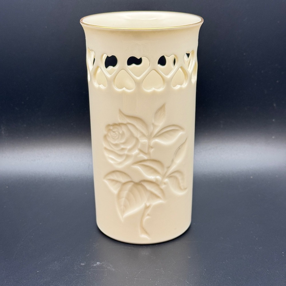 Lenox China Heart Vase Embossed Rose 24K Gold Trim Ivory Color Pierced Rim 6 in